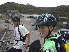 Luke and Dominic at the entrance to Lochinver Primary School, unusually located on a piece of land that puts it near the centre of Loch Culag
